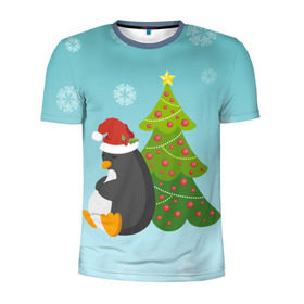 Мужская футболка 3D спортивная с принтом Новогодний пингвинчик в Санкт-Петербурге, 100% полиэстер с улучшенными характеристиками | приталенный силуэт, круглая горловина, широкие плечи, сужается к линии бедра | елка | новый год | пингвин