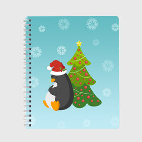 Тетрадь с принтом Новогодний пингвинчик в Санкт-Петербурге, 100% бумага | 48 листов, плотность листов — 60 г/м2, плотность картонной обложки — 250 г/м2. Листы скреплены сбоку удобной пружинной спиралью. Уголки страниц и обложки скругленные. Цвет линий — светло-серый
 | Тематика изображения на принте: елка | новый год | пингвин