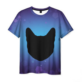 Мужская футболка 3D с принтом Силуэт черной кошки в Санкт-Петербурге, 100% полиэфир | прямой крой, круглый вырез горловины, длина до линии бедер | кошка | силуэт | синий | фиолетовый | черный