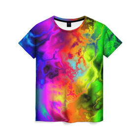 Женская футболка 3D с принтом Красочное безумие в Санкт-Петербурге, 100% полиэфир ( синтетическое хлопкоподобное полотно) | прямой крой, круглый вырез горловины, длина до линии бедер | кислота | радуга | разноцветный | яркий