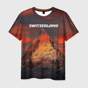 Мужская футболка 3D с принтом Швейцария в Санкт-Петербурге, 100% полиэфир | прямой крой, круглый вырез горловины, длина до линии бедер | Тематика изображения на принте: switzerland | альпы | горы | заграница | отдых | отпуск | туризм | турист