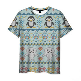 Мужская футболка 3D с принтом Детский вязаный узор в Санкт-Петербурге, 100% полиэфир | прямой крой, круглый вырез горловины, длина до линии бедер | зима | нг | новый год | рождество | свитер | снег