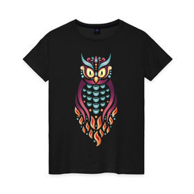 Женская футболка хлопок с принтом Яркая сова в Санкт-Петербурге, 100% хлопок | прямой крой, круглый вырез горловины, длина до линии бедер, слегка спущенное плечо | птица | сова | яркий