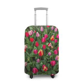 Чехол для чемодана 3D с принтом Тюльпанчики в Санкт-Петербурге, 86% полиэфир, 14% спандекс | двустороннее нанесение принта, прорези для ручек и колес | зеленый | поле | природа | растения | тюльпаны | цветной | цветы