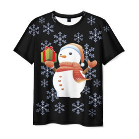 Мужская футболка 3D с принтом Снеговик с подарком в Санкт-Петербурге, 100% полиэфир | прямой крой, круглый вырез горловины, длина до линии бедер | 2017 | дед мороз | зима | новый год | снеговик
