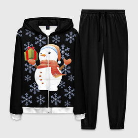 Мужской костюм 3D с принтом Снеговик с подарком в Санкт-Петербурге, 100% полиэстер | Манжеты и пояс оформлены тканевой резинкой, двухслойный капюшон со шнурком для регулировки, карманы спереди | 2017 | дед мороз | зима | новый год | снеговик