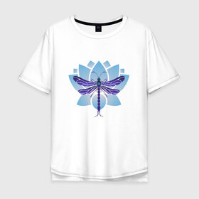 Мужская футболка хлопок Oversize с принтом Стрекоза на лотосе в Санкт-Петербурге, 100% хлопок | свободный крой, круглый ворот, “спинка” длиннее передней части | лотос | насекомые | стрекоза | цветы