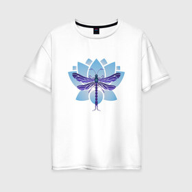Женская футболка хлопок Oversize с принтом Стрекоза на лотосе в Санкт-Петербурге, 100% хлопок | свободный крой, круглый ворот, спущенный рукав, длина до линии бедер
 | лотос | насекомые | стрекоза | цветы