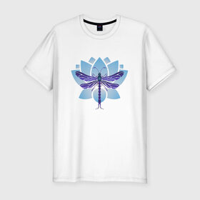 Мужская футболка премиум с принтом Стрекоза на лотосе в Санкт-Петербурге, 92% хлопок, 8% лайкра | приталенный силуэт, круглый вырез ворота, длина до линии бедра, короткий рукав | лотос | насекомые | стрекоза | цветы
