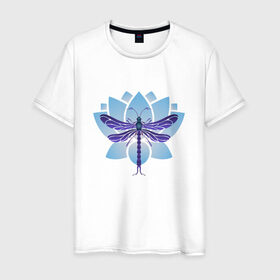 Мужская футболка хлопок с принтом Стрекоза на лотосе в Санкт-Петербурге, 100% хлопок | прямой крой, круглый вырез горловины, длина до линии бедер, слегка спущенное плечо. | лотос | насекомые | стрекоза | цветы
