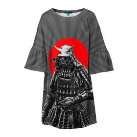 Детское платье 3D с принтом Мертвый самурай в Санкт-Петербурге, 100% полиэстер | прямой силуэт, чуть расширенный к низу. Круглая горловина, на рукавах — воланы | Тематика изображения на принте: bone | japan | samurai | skelet | skull | warrior | воин | катана | кости | меч | самурай | скелет | череп | япония