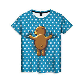 Женская футболка 3D с принтом Медвежьи объятия в Санкт-Петербурге, 100% полиэфир ( синтетическое хлопкоподобное полотно) | прямой крой, круглый вырез горловины, длина до линии бедер | Тематика изображения на принте: bear | beast | kid | love | teddy | toy | звезды | зверь | игрушка | любовь | медведь | мишка