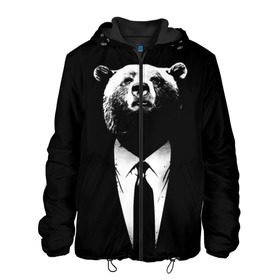 Мужская куртка 3D с принтом Медведь бизнесмен в Санкт-Петербурге, ткань верха — 100% полиэстер, подклад — флис | прямой крой, подол и капюшон оформлены резинкой с фиксаторами, два кармана без застежек по бокам, один большой потайной карман на груди. Карман на груди застегивается на липучку | animal | bear | beast | business | suit | бизнес | джентльмен | животное | зверь | медведь | смокинг