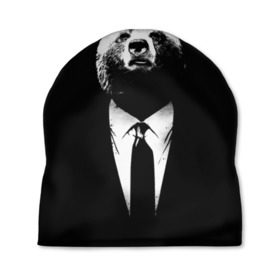 Шапка 3D с принтом Медведь бизнесмен в Санкт-Петербурге, 100% полиэстер | универсальный размер, печать по всей поверхности изделия | Тематика изображения на принте: animal | bear | beast | business | suit | бизнес | джентльмен | животное | зверь | медведь | смокинг