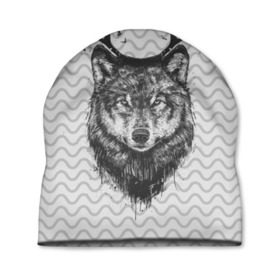 Шапка 3D с принтом Рогатый волк в Санкт-Петербурге, 100% полиэстер | универсальный размер, печать по всей поверхности изделия | Тематика изображения на принте: animal | beast | deer | moon | rage | roar | wild | wolf | вой | волк | животное | зверь | луна | олень | рога