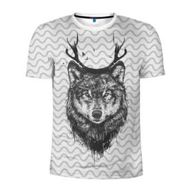 Мужская футболка 3D спортивная с принтом Рогатый волк в Санкт-Петербурге, 100% полиэстер с улучшенными характеристиками | приталенный силуэт, круглая горловина, широкие плечи, сужается к линии бедра | Тематика изображения на принте: animal | beast | deer | moon | rage | roar | wild | wolf | вой | волк | животное | зверь | луна | олень | рога