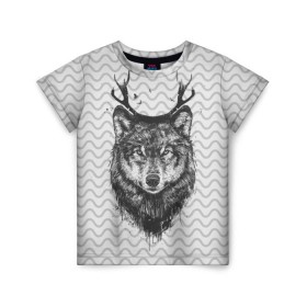 Детская футболка 3D с принтом Рогатый волк в Санкт-Петербурге, 100% гипоаллергенный полиэфир | прямой крой, круглый вырез горловины, длина до линии бедер, чуть спущенное плечо, ткань немного тянется | animal | beast | deer | moon | rage | roar | wild | wolf | вой | волк | животное | зверь | луна | олень | рога