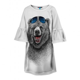 Детское платье 3D с принтом Счастливый медведь в Санкт-Петербурге, 100% полиэстер | прямой силуэт, чуть расширенный к низу. Круглая горловина, на рукавах — воланы | Тематика изображения на принте: animal | bear | beast | fashion | funny | животное | зверь | медведь | мода | радость | счастье