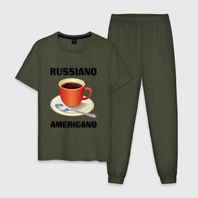 Мужская пижама хлопок с принтом Руссиано в Санкт-Петербурге, 100% хлопок | брюки и футболка прямого кроя, без карманов, на брюках мягкая резинка на поясе и по низу штанин
 | Тематика изображения на принте: americano | russiano | американо | кофе | руссиано