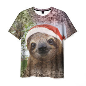 Мужская футболка 3D с принтом Рождественский ленивец в Санкт-Петербурге, 100% полиэфир | прямой крой, круглый вырез горловины, длина до линии бедер | джунгли | животное | ленивый | лень | новый год | рождество | снег | снежинки | тропики | улыбка | шапка