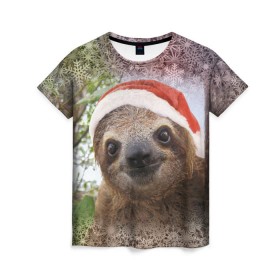 Женская футболка 3D с принтом Рождественский ленивец в Санкт-Петербурге, 100% полиэфир ( синтетическое хлопкоподобное полотно) | прямой крой, круглый вырез горловины, длина до линии бедер | джунгли | животное | ленивый | лень | новый год | рождество | снег | снежинки | тропики | улыбка | шапка