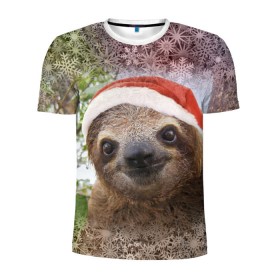 Мужская футболка 3D спортивная с принтом Рождественский ленивец в Санкт-Петербурге, 100% полиэстер с улучшенными характеристиками | приталенный силуэт, круглая горловина, широкие плечи, сужается к линии бедра | джунгли | животное | ленивый | лень | новый год | рождество | снег | снежинки | тропики | улыбка | шапка