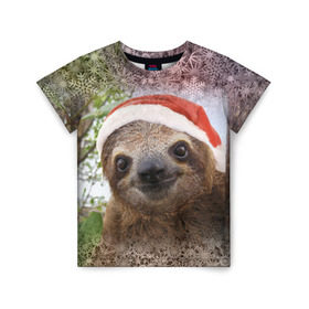 Детская футболка 3D с принтом Рождественский ленивец в Санкт-Петербурге, 100% гипоаллергенный полиэфир | прямой крой, круглый вырез горловины, длина до линии бедер, чуть спущенное плечо, ткань немного тянется | Тематика изображения на принте: джунгли | животное | ленивый | лень | новый год | рождество | снег | снежинки | тропики | улыбка | шапка