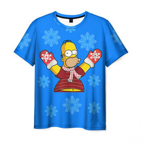 Мужская футболка 3D с принтом Симпсоны новогодние 2 в Санкт-Петербурге, 100% полиэфир | прямой крой, круглый вырез горловины, длина до линии бедер | simpsons | барт | барт симпсон | гомер | гомер симпсон | новый год | симпсоны | снег | снежинки