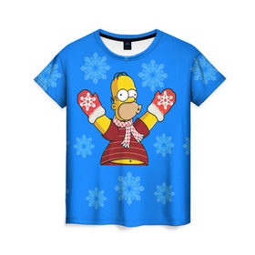 Женская футболка 3D с принтом Симпсоны новогодние 2 в Санкт-Петербурге, 100% полиэфир ( синтетическое хлопкоподобное полотно) | прямой крой, круглый вырез горловины, длина до линии бедер | simpsons | барт | барт симпсон | гомер | гомер симпсон | новый год | симпсоны | снег | снежинки