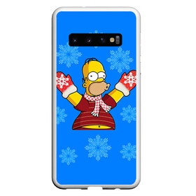 Чехол для Samsung Galaxy S10 с принтом Симпсоны новогодние 2 в Санкт-Петербурге, Силикон | Область печати: задняя сторона чехла, без боковых панелей | Тематика изображения на принте: simpsons | барт | барт симпсон | гомер | гомер симпсон | новый год | симпсоны | снег | снежинки