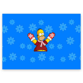 Поздравительная открытка с принтом Симпсоны новогодние 2 в Санкт-Петербурге, 100% бумага | плотность бумаги 280 г/м2, матовая, на обратной стороне линовка и место для марки
 | simpsons | барт | барт симпсон | гомер | гомер симпсон | новый год | симпсоны | снег | снежинки