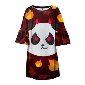 Детское платье 3D с принтом Панда дьяволенок в Санкт-Петербурге, 100% полиэстер | прямой силуэт, чуть расширенный к низу. Круглая горловина, на рукавах — воланы | Тематика изображения на принте: дьяволенок | красный | крылья | огонь | панда | рога