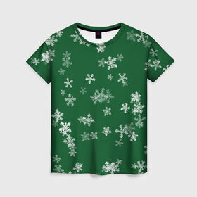 Женская футболка 3D с принтом Снежная феерия (зелёный) в Санкт-Петербурге, 100% полиэфир ( синтетическое хлопкоподобное полотно) | прямой крой, круглый вырез горловины, длина до линии бедер | happy new year | блеск | ёлка | зима | конфетти | новый год | подарки | праздник | снег | снежинки