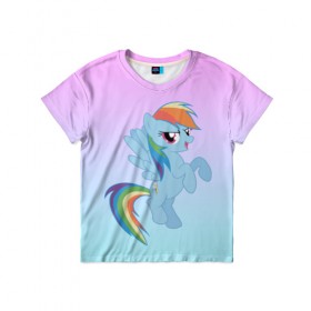 Детская футболка 3D с принтом Rainbowdash в Санкт-Петербурге, 100% гипоаллергенный полиэфир | прямой крой, круглый вырез горловины, длина до линии бедер, чуть спущенное плечо, ткань немного тянется | Тематика изображения на принте: mlp | pony | rainbowdash | raindbow dash | пони