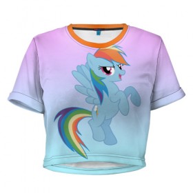 Женская футболка 3D укороченная с принтом Rainbowdash в Санкт-Петербурге, 100% полиэстер | круглая горловина, длина футболки до линии талии, рукава с отворотами | mlp | pony | rainbowdash | raindbow dash | пони