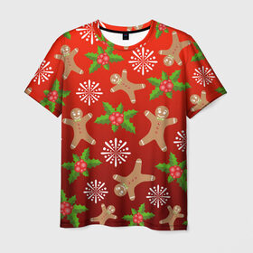 Мужская футболка 3D с принтом Новогодний узор в Санкт-Петербурге, 100% полиэфир | прямой крой, круглый вырез горловины, длина до линии бедер | новогодний узор | новый год | омела | пряничный человечек | снежинка | узор