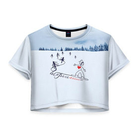 Женская футболка 3D укороченная с принтом Шерегеш в Санкт-Петербурге, 100% полиэстер | круглая горловина, длина футболки до линии талии, рукава с отворотами | Тематика изображения на принте: gesh | геш | лыжи | лыжник | сноуборд | шерегеш | шершавель