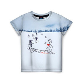 Детская футболка 3D с принтом Шерегеш в Санкт-Петербурге, 100% гипоаллергенный полиэфир | прямой крой, круглый вырез горловины, длина до линии бедер, чуть спущенное плечо, ткань немного тянется | Тематика изображения на принте: gesh | геш | лыжи | лыжник | сноуборд | шерегеш | шершавель