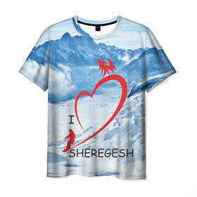 Мужская футболка 3D с принтом Love Sheregesh в Санкт-Петербурге, 100% полиэфир | прямой крой, круглый вырез горловины, длина до линии бедер | Тематика изображения на принте: gesh | геш | лыжи | лыжник | сноуборд | шерегеш | шершавель
