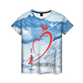 Женская футболка 3D с принтом Love Sheregesh в Санкт-Петербурге, 100% полиэфир ( синтетическое хлопкоподобное полотно) | прямой крой, круглый вырез горловины, длина до линии бедер | gesh | геш | лыжи | лыжник | сноуборд | шерегеш | шершавель