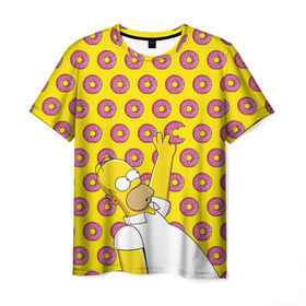 Мужская футболка 3D с принтом Пончики Гомера Симпсона в Санкт-Петербурге, 100% полиэфир | прямой крой, круглый вырез горловины, длина до линии бедер | donut | homer | simpson | гомер | еда | плюшка | пончик | симпсон