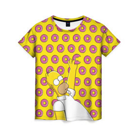 Женская футболка 3D с принтом Пончики Гомера Симпсона в Санкт-Петербурге, 100% полиэфир ( синтетическое хлопкоподобное полотно) | прямой крой, круглый вырез горловины, длина до линии бедер | donut | homer | simpson | гомер | еда | плюшка | пончик | симпсон