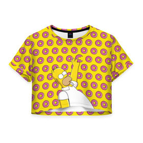 Женская футболка 3D укороченная с принтом Пончики Гомера Симпсона в Санкт-Петербурге, 100% полиэстер | круглая горловина, длина футболки до линии талии, рукава с отворотами | donut | homer | simpson | гомер | еда | плюшка | пончик | симпсон
