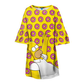 Детское платье 3D с принтом Пончики Гомера Симпсона в Санкт-Петербурге, 100% полиэстер | прямой силуэт, чуть расширенный к низу. Круглая горловина, на рукавах — воланы | donut | homer | simpson | гомер | еда | плюшка | пончик | симпсон
