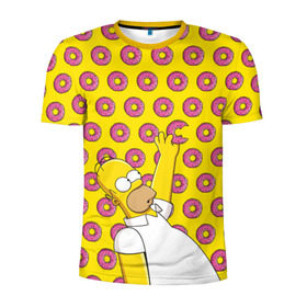 Мужская футболка 3D спортивная с принтом Пончики Гомера Симпсона в Санкт-Петербурге, 100% полиэстер с улучшенными характеристиками | приталенный силуэт, круглая горловина, широкие плечи, сужается к линии бедра | donut | homer | simpson | гомер | еда | плюшка | пончик | симпсон