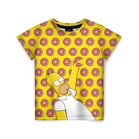 Детская футболка 3D с принтом Пончики Гомера Симпсона в Санкт-Петербурге, 100% гипоаллергенный полиэфир | прямой крой, круглый вырез горловины, длина до линии бедер, чуть спущенное плечо, ткань немного тянется | Тематика изображения на принте: donut | homer | simpson | гомер | еда | плюшка | пончик | симпсон