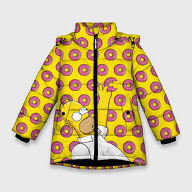 Зимняя куртка для девочек 3D с принтом Пончики Гомера Симпсона в Санкт-Петербурге, ткань верха — 100% полиэстер; подклад — 100% полиэстер, утеплитель — 100% полиэстер. | длина ниже бедра, удлиненная спинка, воротник стойка и отстегивающийся капюшон. Есть боковые карманы с листочкой на кнопках, утяжки по низу изделия и внутренний карман на молнии. 

Предусмотрены светоотражающий принт на спинке, радужный светоотражающий элемент на пуллере молнии и на резинке для утяжки. | donut | homer | simpson | гомер | еда | плюшка | пончик | симпсон