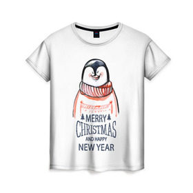 Женская футболка 3D с принтом Happy New Year в Санкт-Петербурге, 100% полиэфир ( синтетическое хлопкоподобное полотно) | прямой крой, круглый вырез горловины, длина до линии бедер | 2017 | happy new year | holiday | marry christmas | winter | зима | новый год | пингвин | рождество