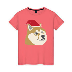 Женская футболка хлопок с принтом Doge новогодний в Санкт-Петербурге, 100% хлопок | прямой крой, круглый вырез горловины, длина до линии бедер, слегка спущенное плечо | doge | doge новогодний | интернет приколы | новый год | подарок на новый год
