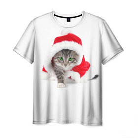 Мужская футболка 3D с принтом Новогодняя Киса в Санкт-Петербурге, 100% полиэфир | прямой крой, круглый вырез горловины, длина до линии бедер | cat | christmas | new year | winter | дед мороз | зима | кисы | кошки | новый год | рождество